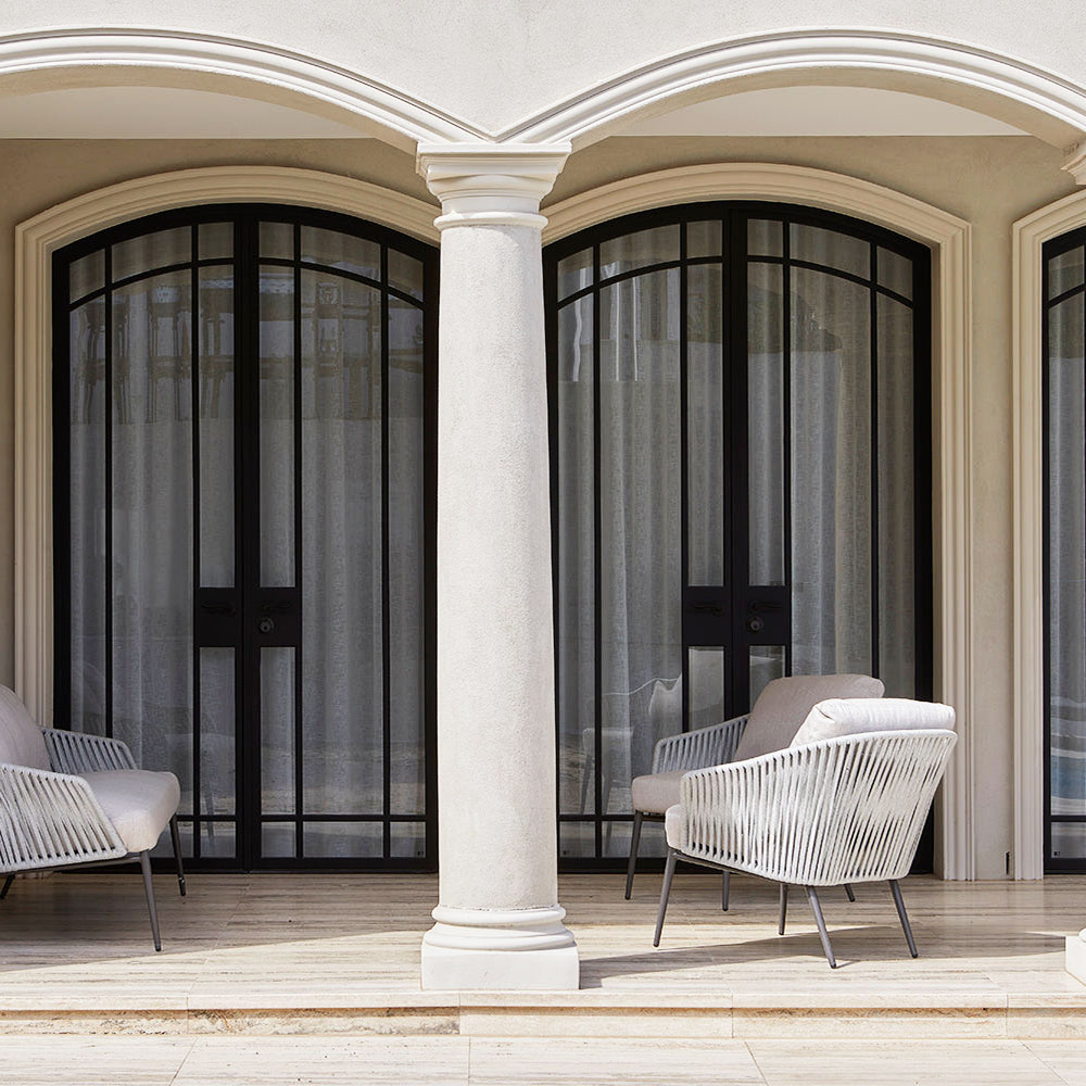 black steel external arched doors with screen manufacturer UK